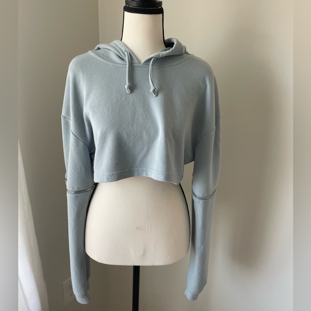 Light blue cropped hoodie with zipper detail on sleeves.     Perfect for spring!